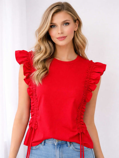 Ruffle Trim Sleeve Drawstring Crew Tee