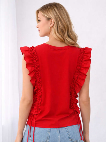 Ruffle Trim Sleeve Drawstring Crew Tee