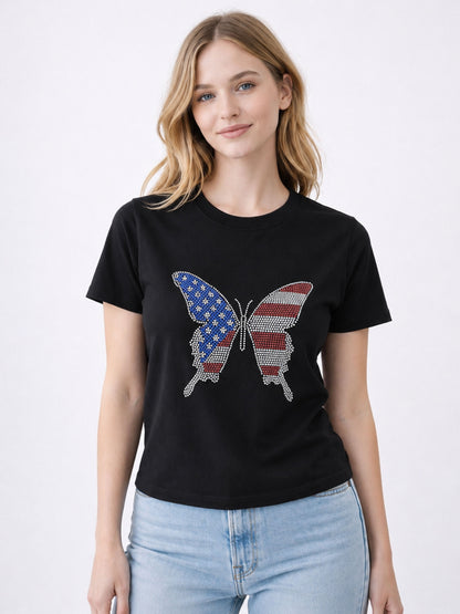 American Butterfly Flag Heat Stone Fitted Tee