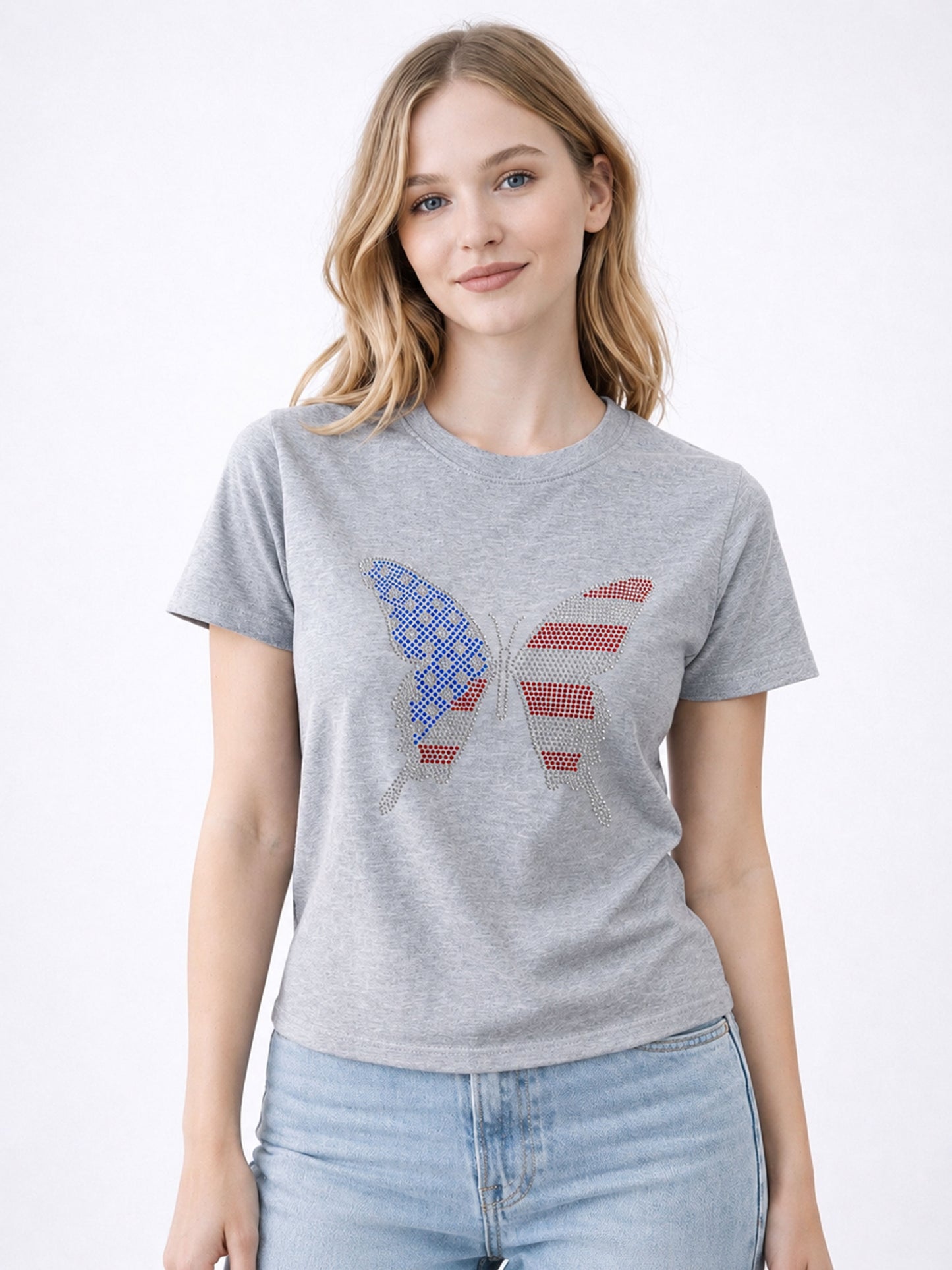 American Butterfly Flag Heat Stone Fitted Tee