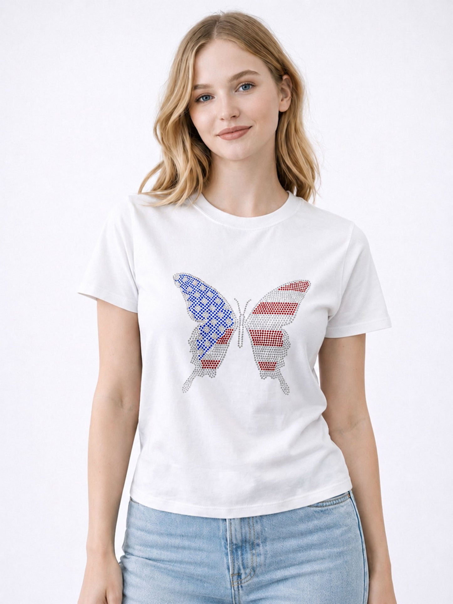 American Butterfly Flag Heat Stone Fitted Tee