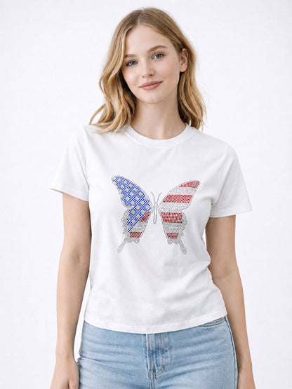 American Butterfly Flag Heat Stone Fitted Tee