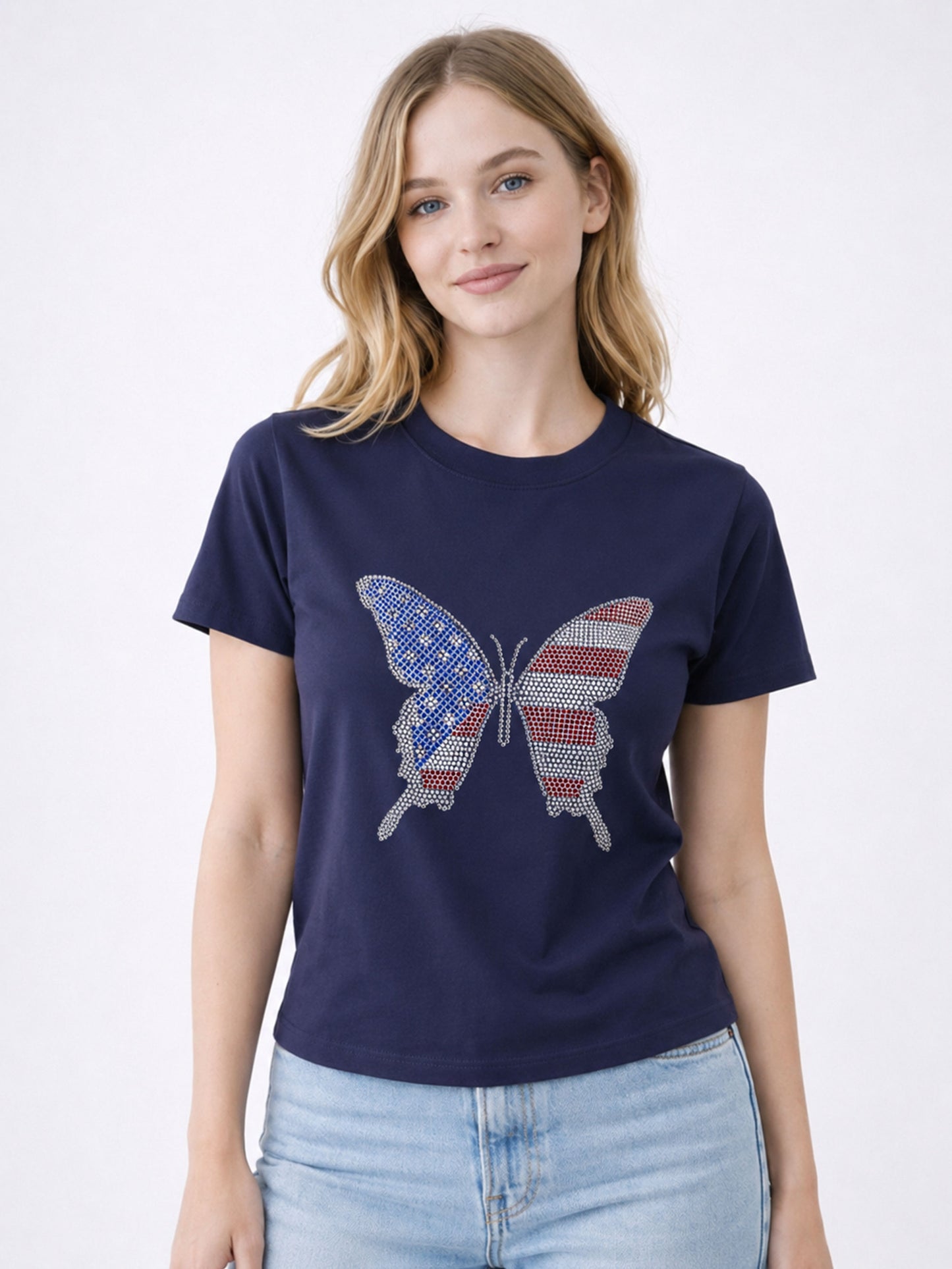 American Butterfly Flag Heat Stone Fitted Tee