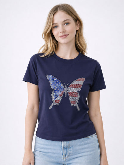 American Butterfly Flag Heat Stone Fitted Tee