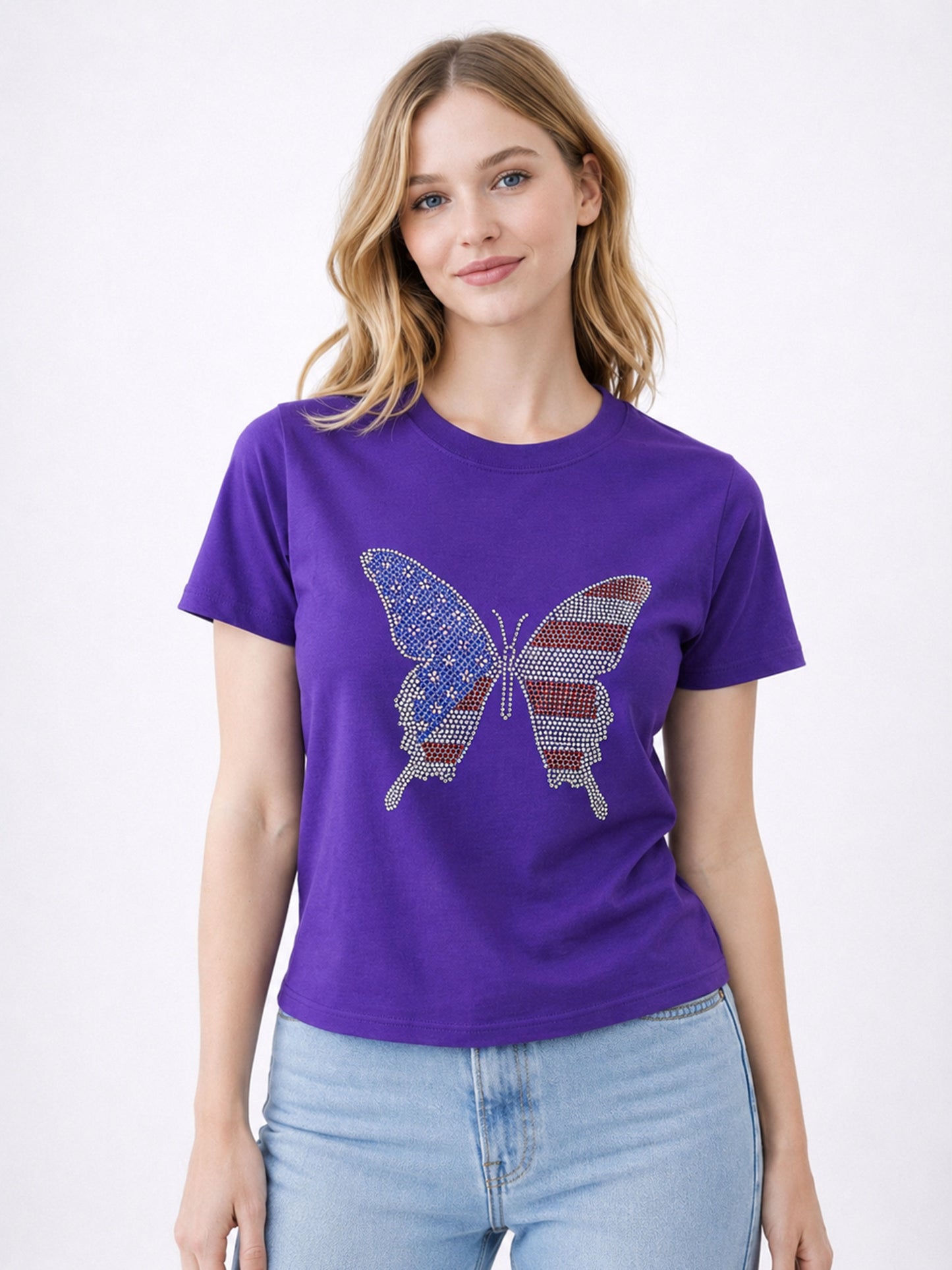 American Butterfly Flag Heat Stone Fitted Tee