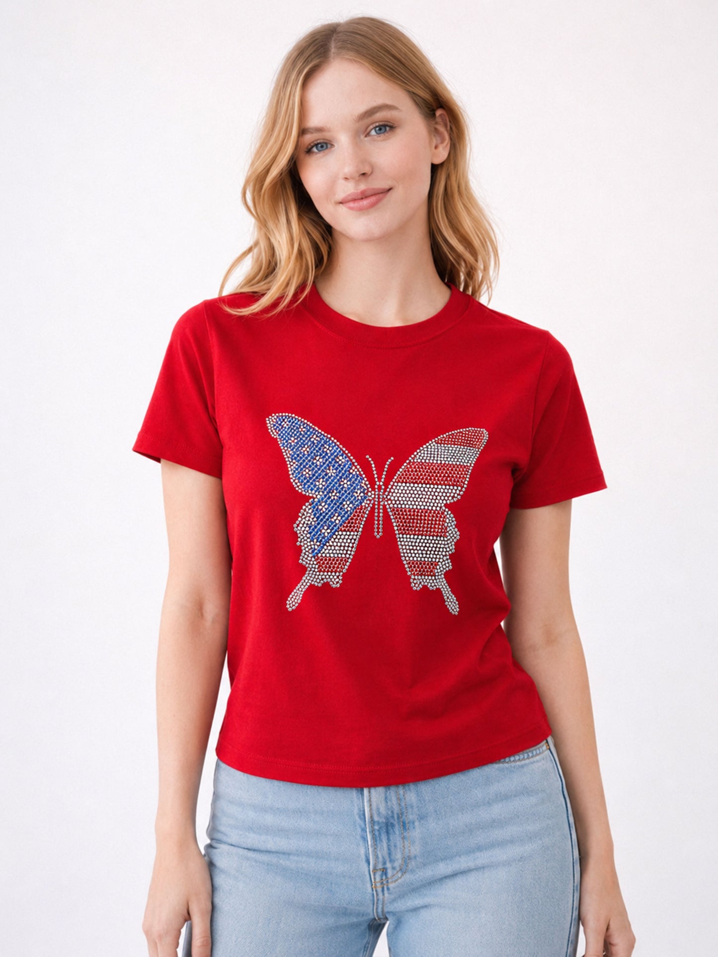 American Butterfly Flag Heat Stone Fitted Tee