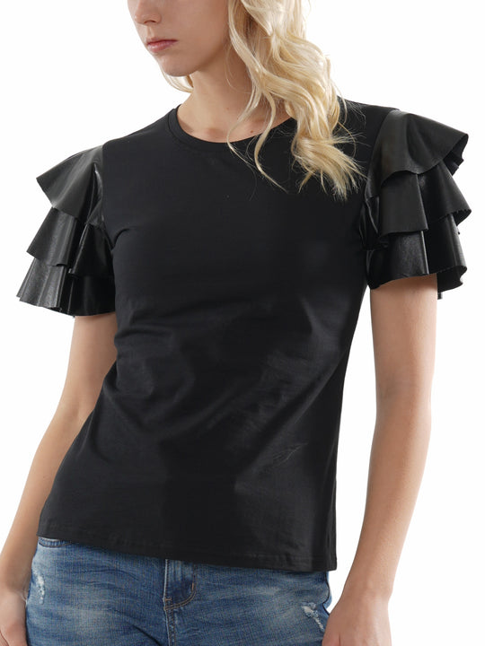 Faux leather ruffled sleeve top