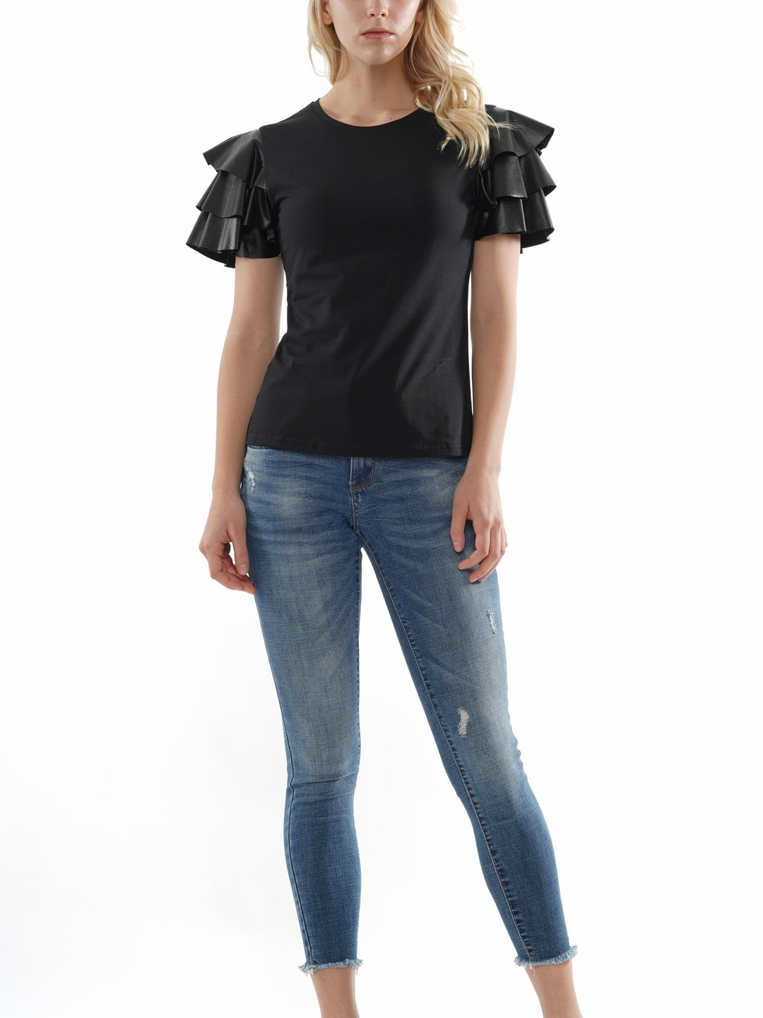 Faux leather ruffled sleeve top