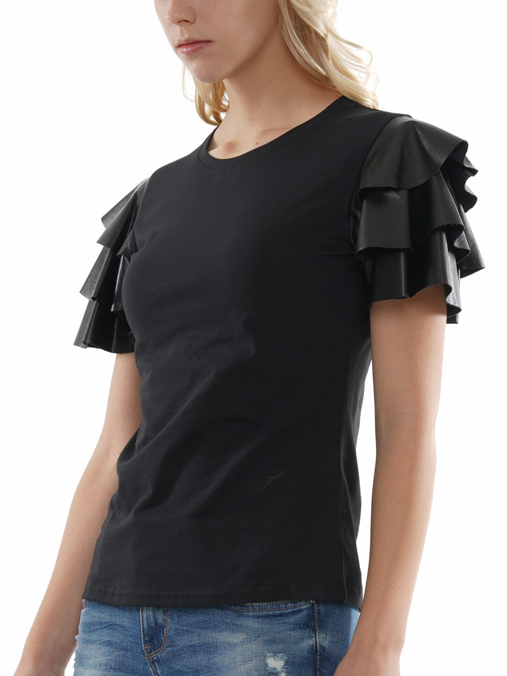 Faux leather ruffled sleeve top