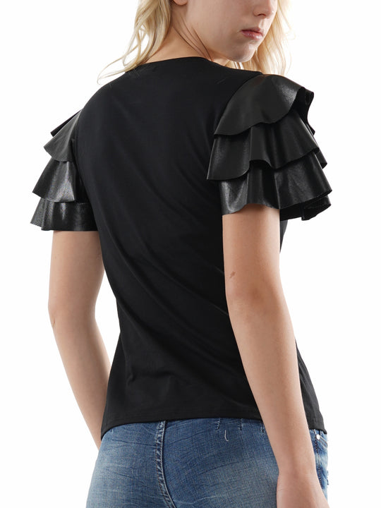 Faux leather ruffled sleeve top
