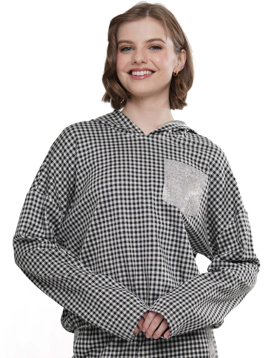Gingham Hoodie Heat Stone Detail Top
