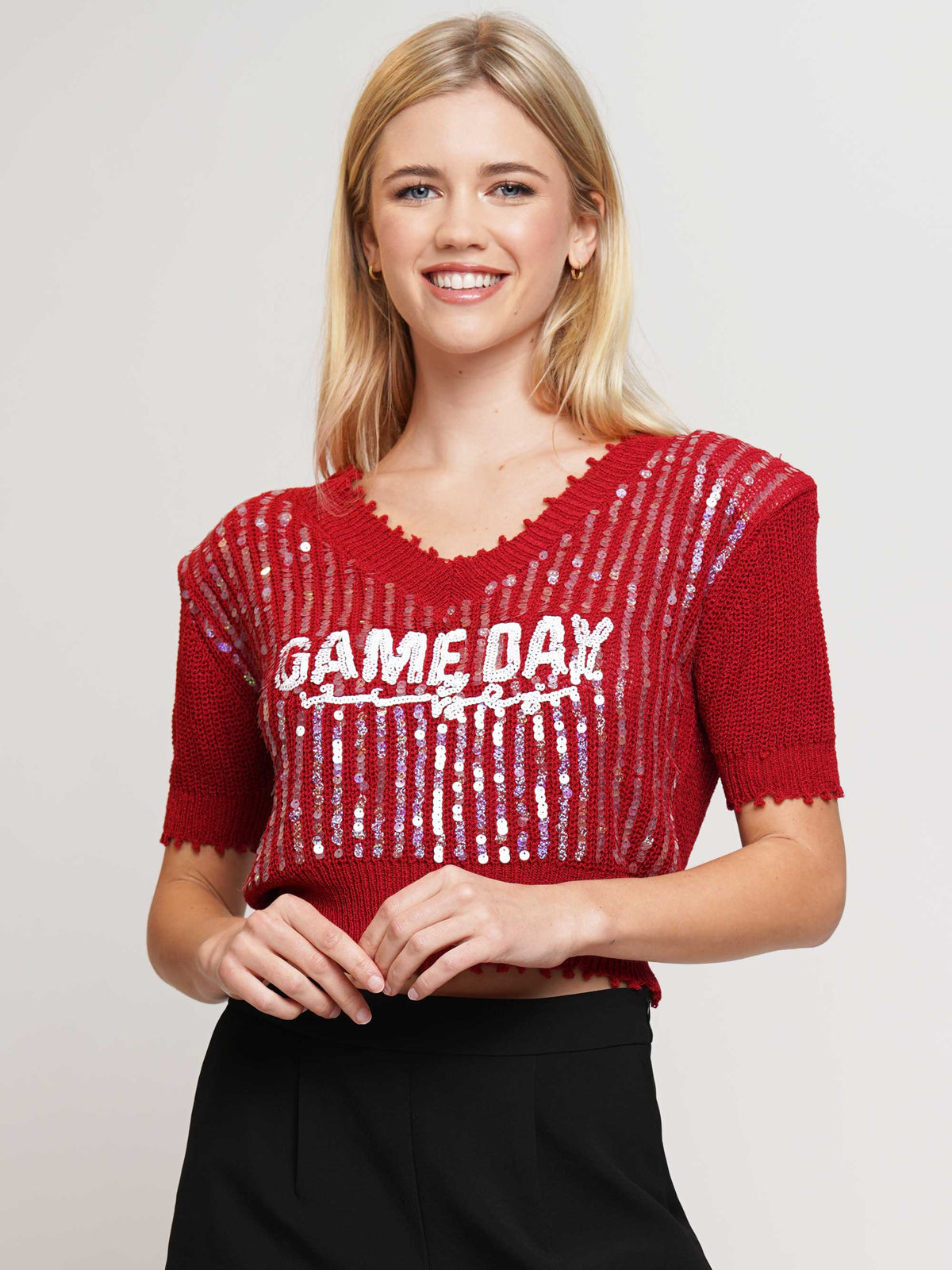 V Neckline Game Day Short Sleeve Knit