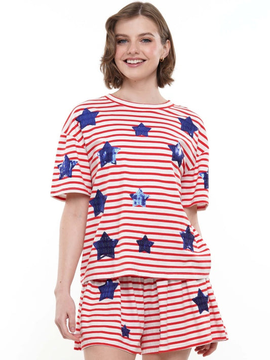 Red White and Blue Sequin Star Top & Shorts Set