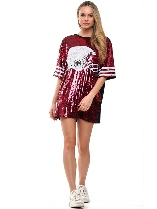 Sequin dress with football helmet