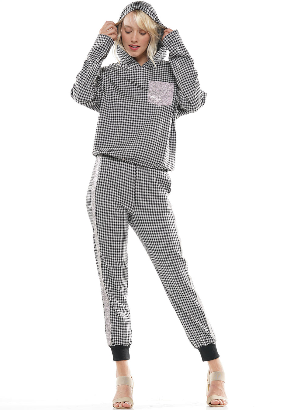 Gingham Hoodie Heat Stone Detail Top & Pants 2-Piece Set