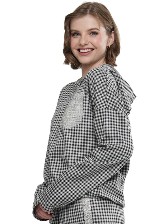 Gingham Hoodie Heat Stone Detail Top