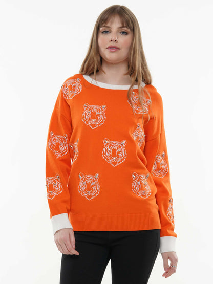 Tiger embroidered pattern knit top