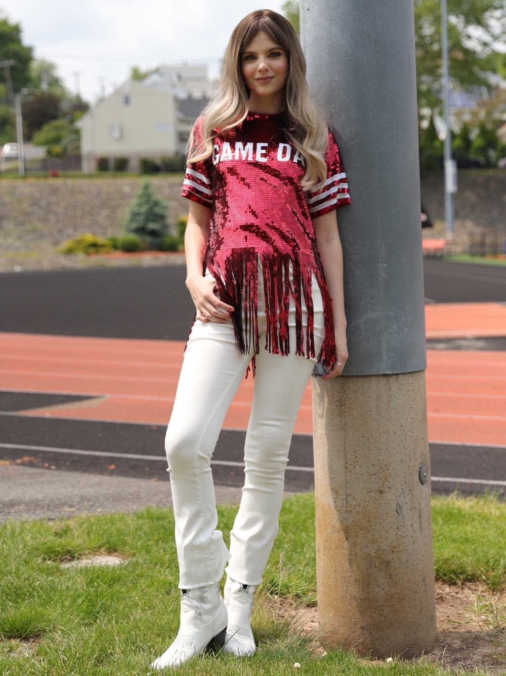 Fringe sequin top with gameday art work