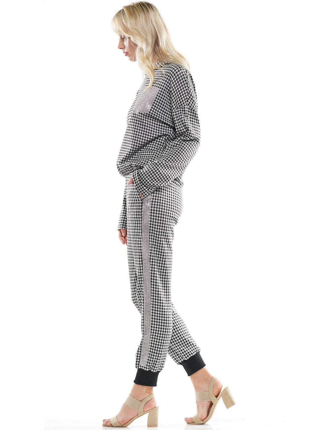 Gingham Hoodie Heat Stone Detail Top & Pants 2-Piece Set