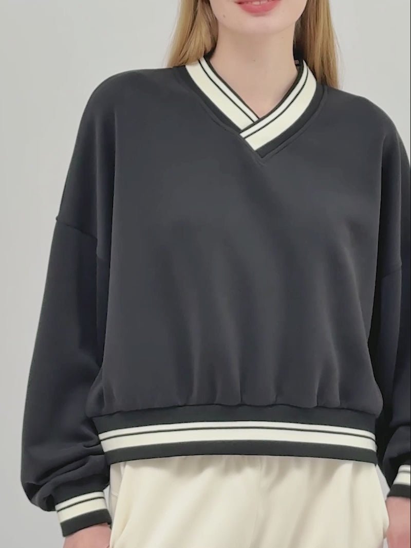 Varsity V-Neck Soft Sweatshirt - Black Ivory