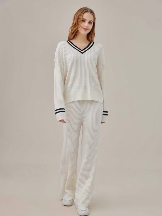 Cozy Ribbed Loungewear 2-Piece Set with Sporty Stripes