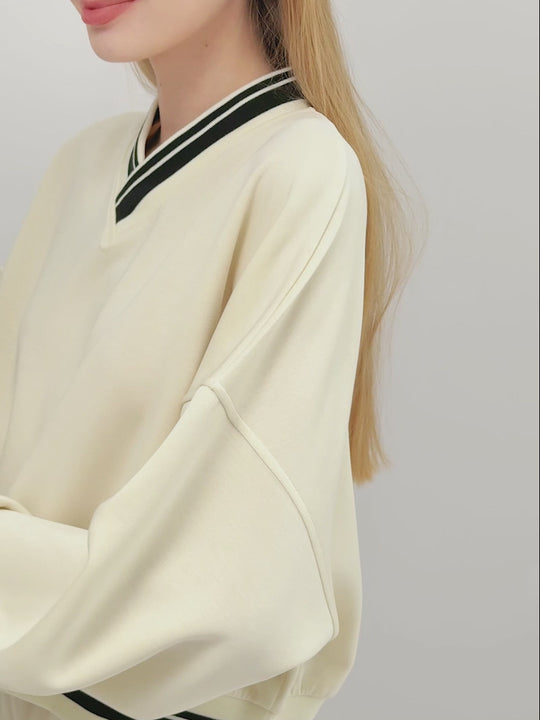 Varsity V-Neck Soft Sweatshirt - Ivory Black